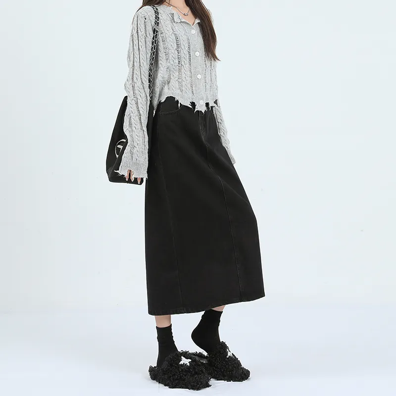Wen Shan Denim Long Skirt Women's Black-4