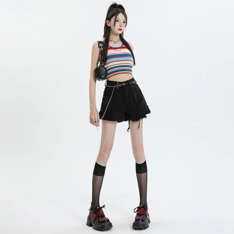 Wen Shan Denim Shorts Women's Black With Belt-2