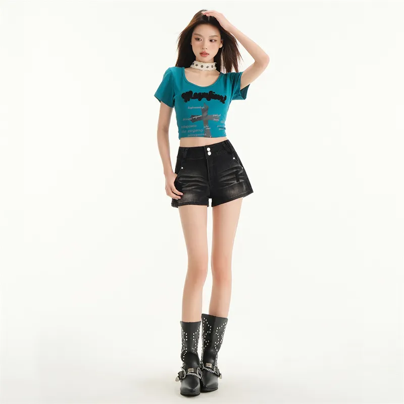 Wen Shan Denim Shorts Women's Black Gray-4