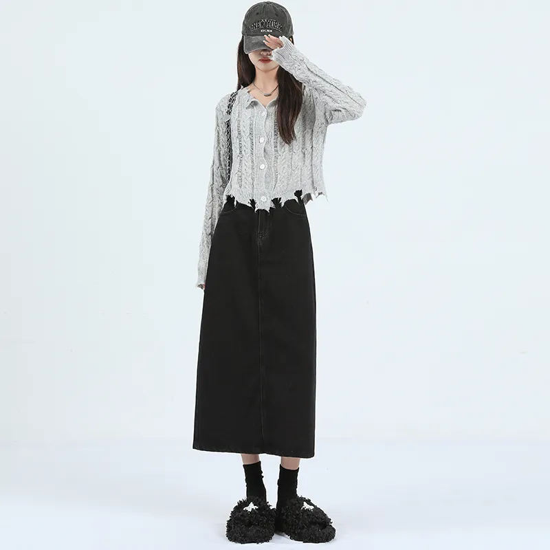 Wen Shan Denim Long Skirt Women's Black-5