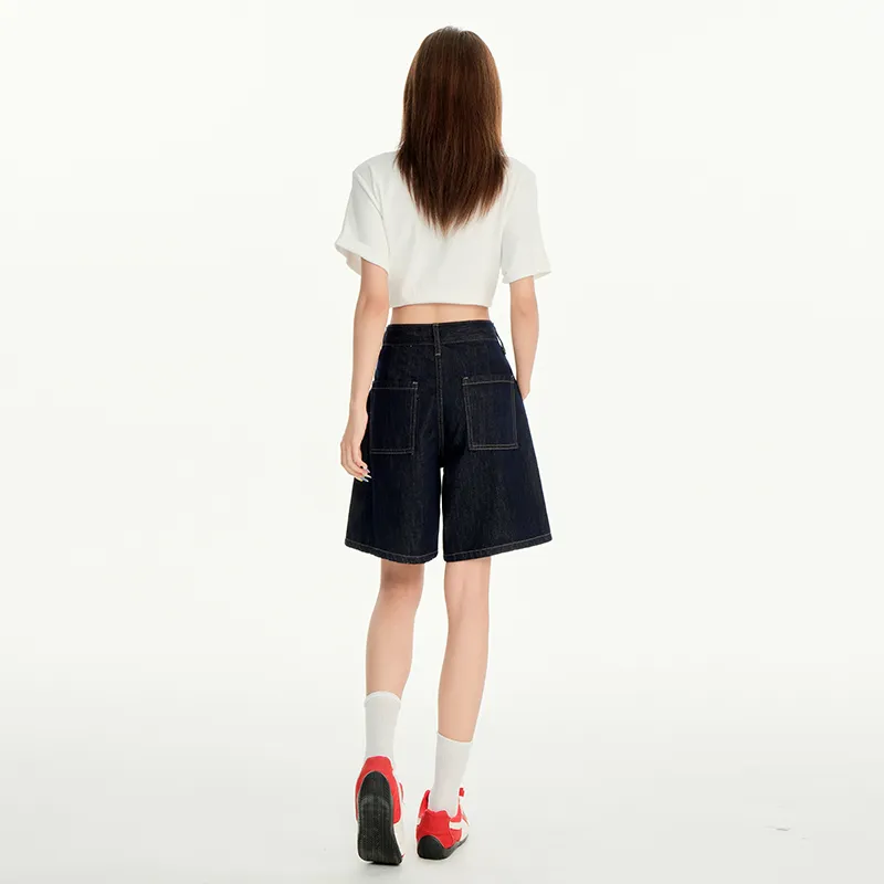 Wen Shan Denim Shorts Women's Denim Blue Knee Length Pants-6