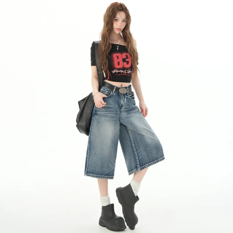 Wen Shan Denim Shorts Women's Vintage Blue Capri Pants-5