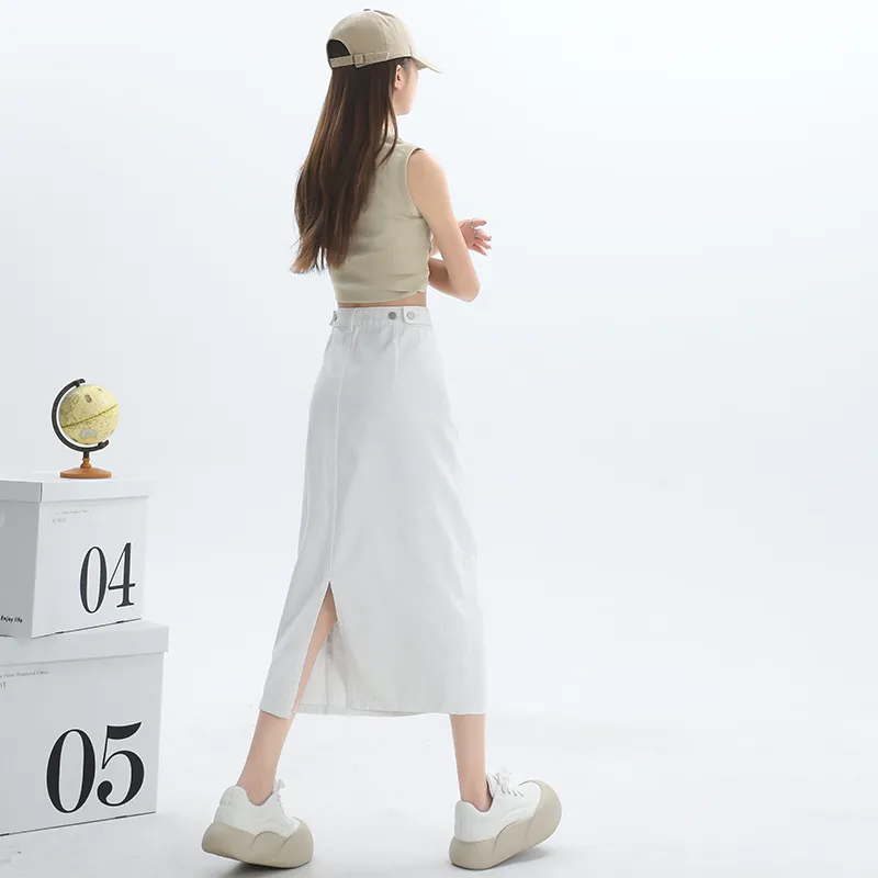 Wen Shan Denim Long Skirt Women's White-6