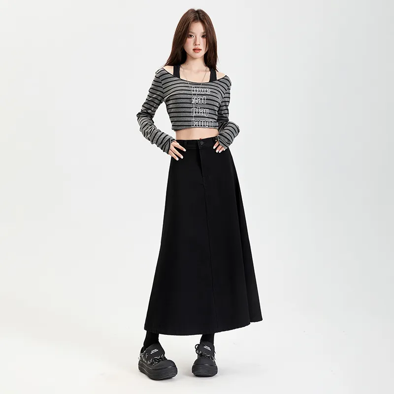 Wen Shan Denim Long Skirt Women's Black-5
