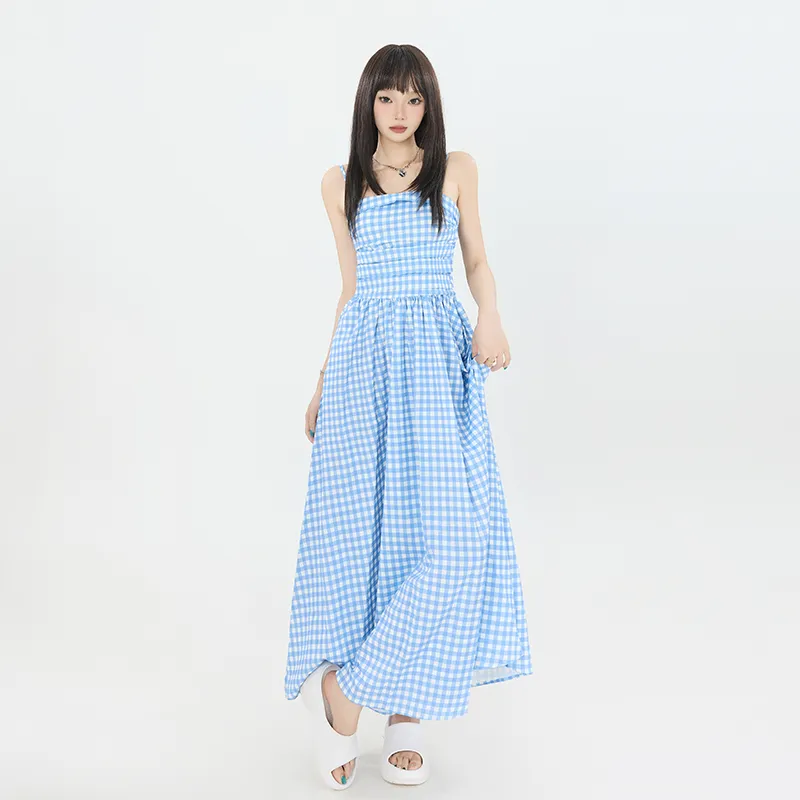Wen Shan Slip Dress Women's Blue White Plaid-4