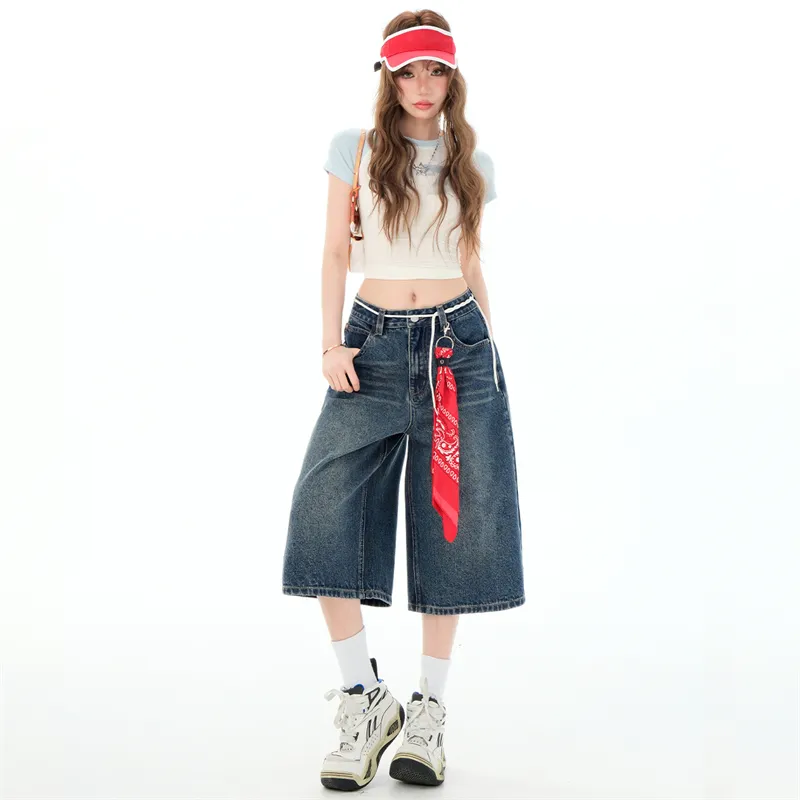 Wen Shan Denim Shorts Women's Vintage Blue Capri Pants-4
