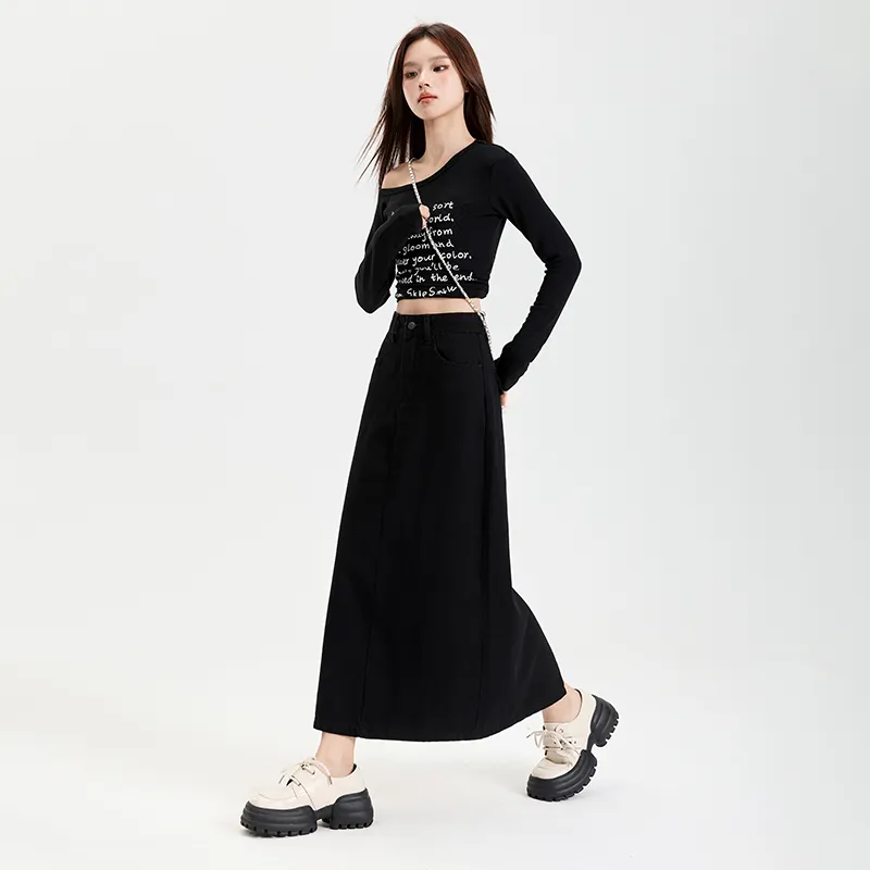 Wen Shan Denim Long Skirt Women's Black-4