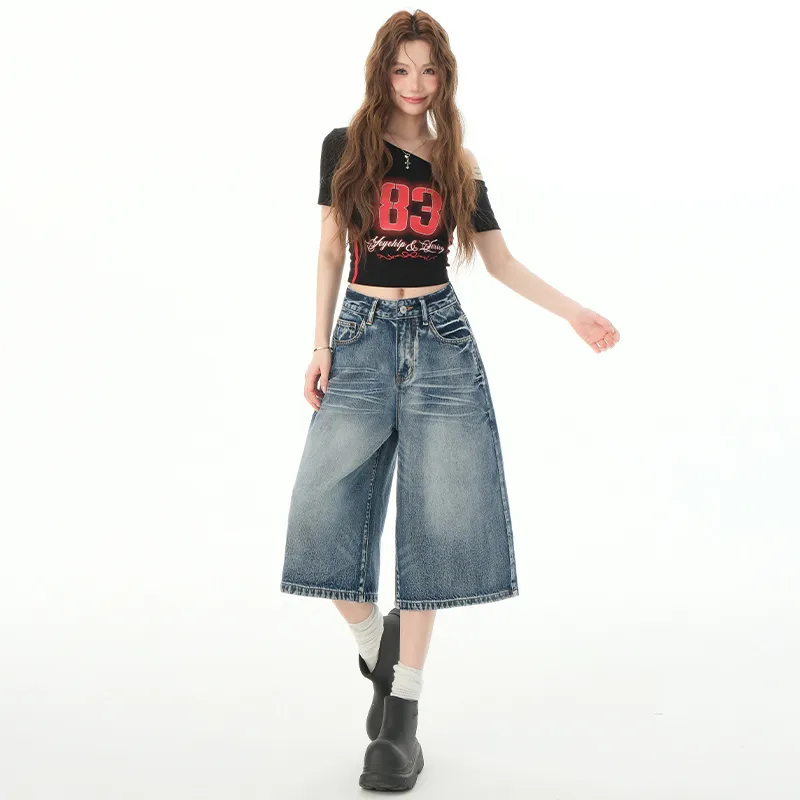 Wen Shan Denim Shorts Women's Vintage Blue Capri Pants-3
