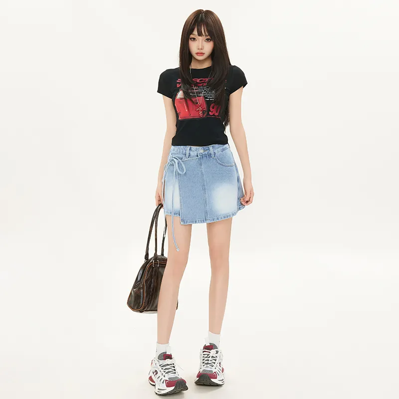 Wen Shan Denim Short Skirts Women's Light Blue-2