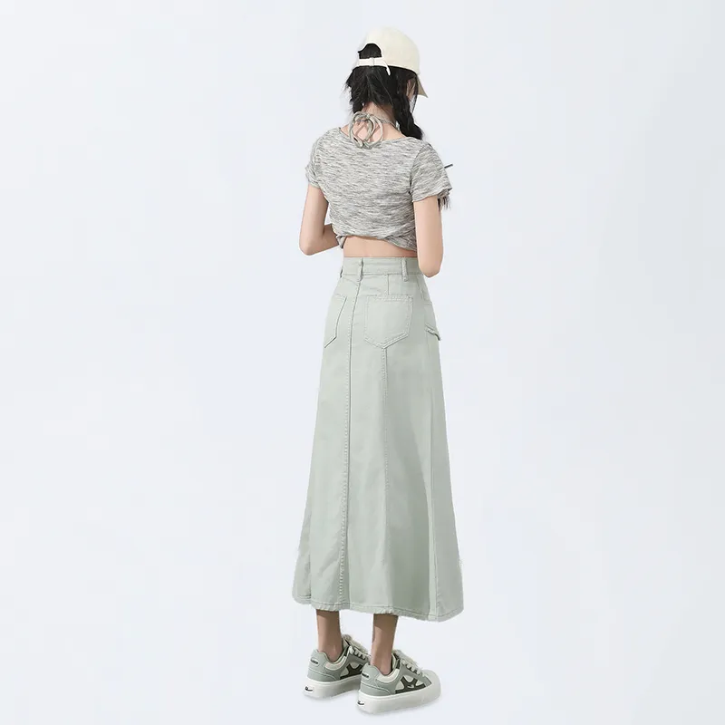 Wen Shan Denim Long Skirt Women's Mint Green-2