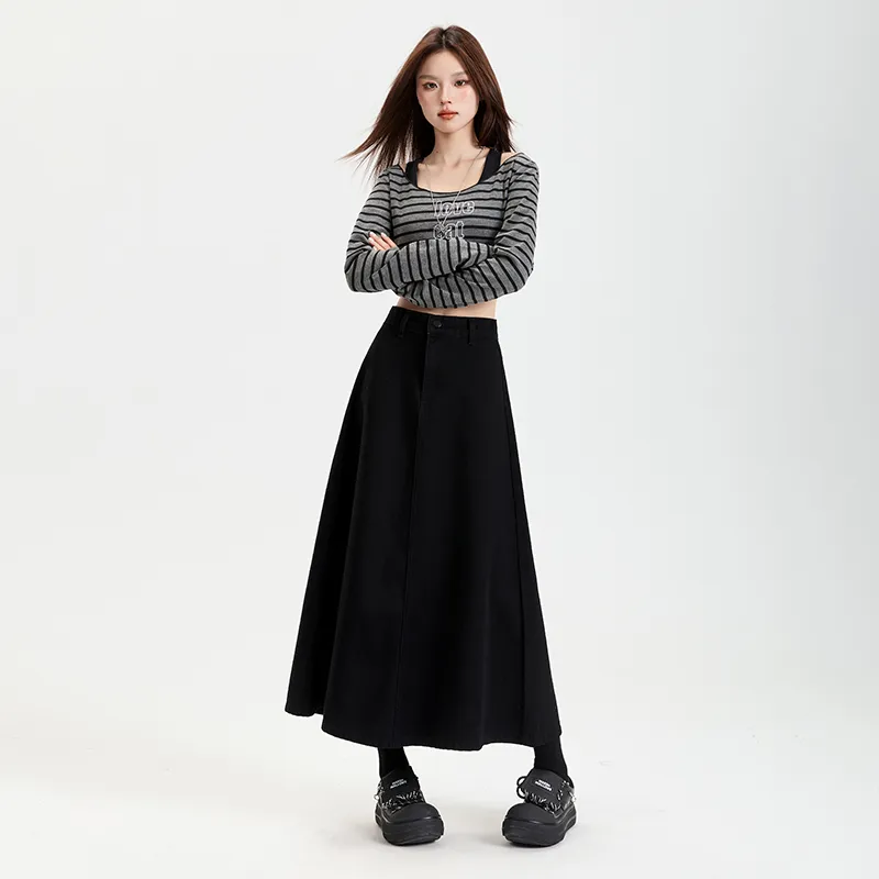 Wen Shan Denim Long Skirt Women's Black-3