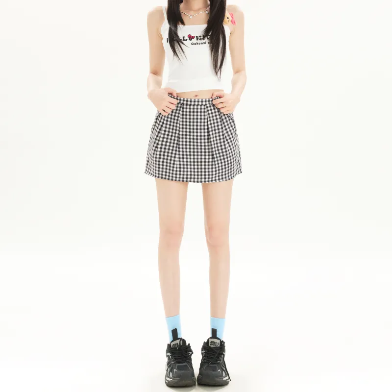 Wen Shan Casual Short Skirts Women's Black White Plaid-3