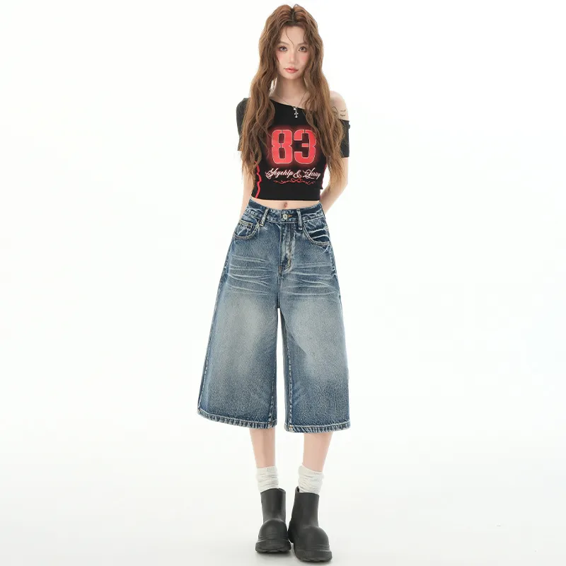 Wen Shan Denim Shorts Women's Vintage Blue Capri Pants-4
