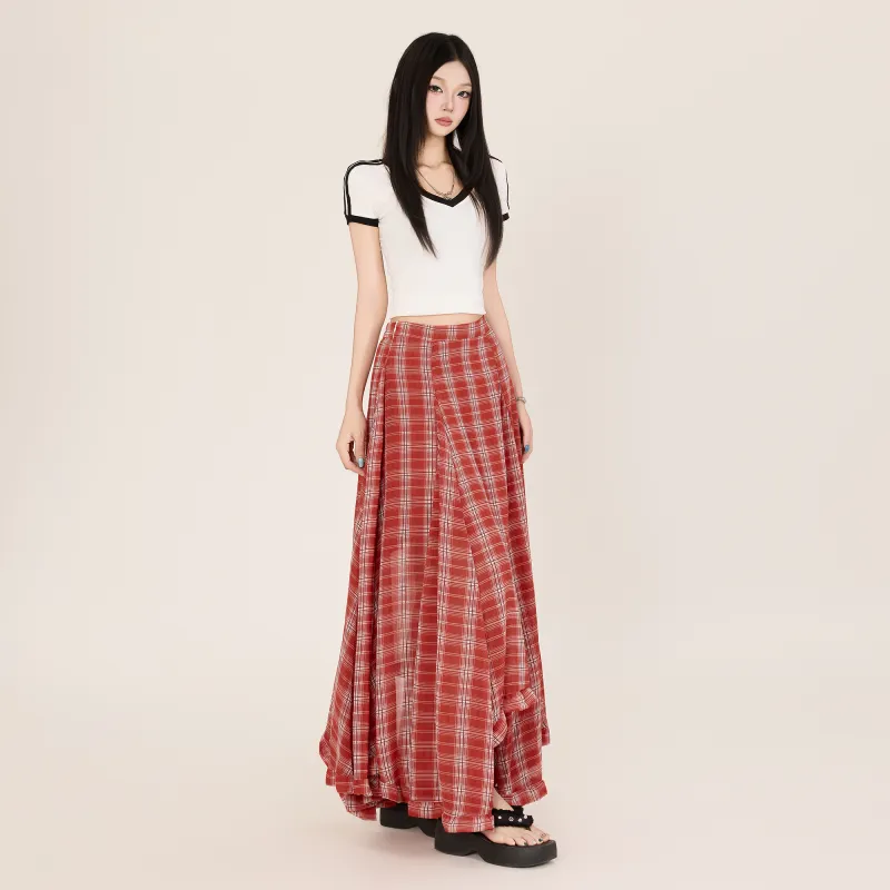 Wen Shan Casual Long Skirt Women's Red Plaid-4