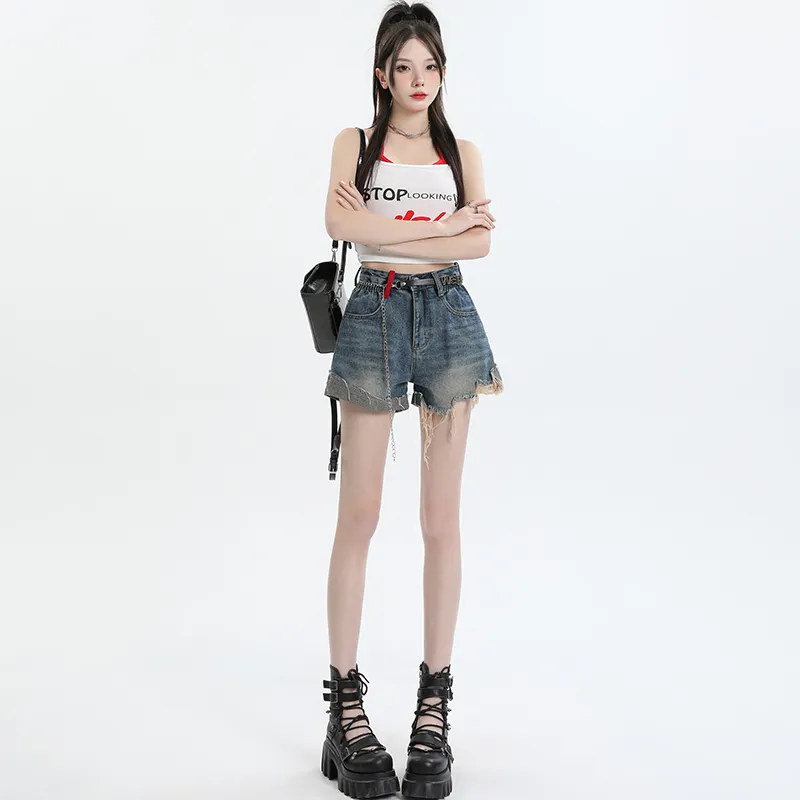 Wen Shan Denim Shorts Women's Blue With Waist Strap-3