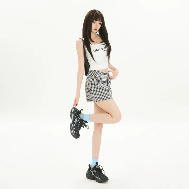 Wen Shan Casual Short Skirts Women's Black White Plaid-5