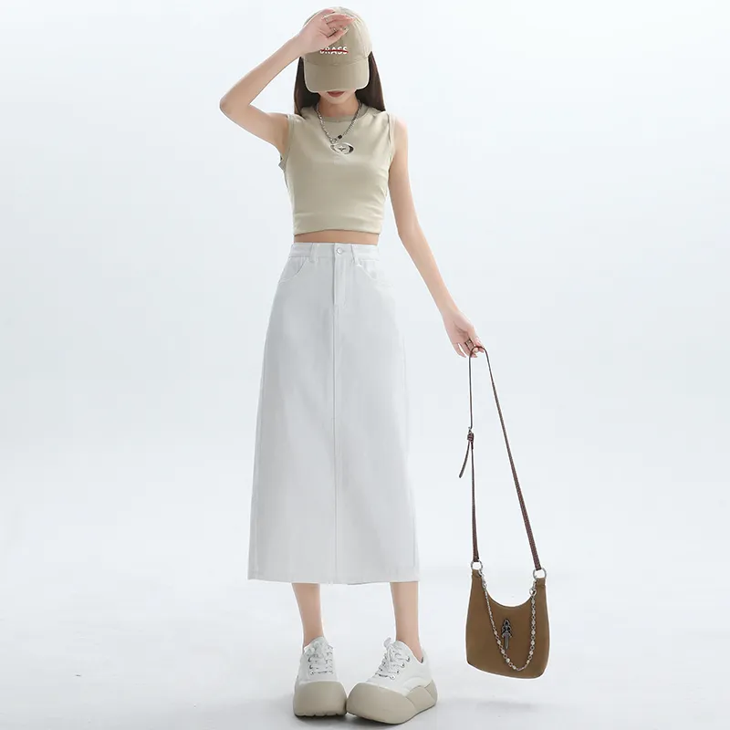 Wen Shan Denim Long Skirt Women's White-2