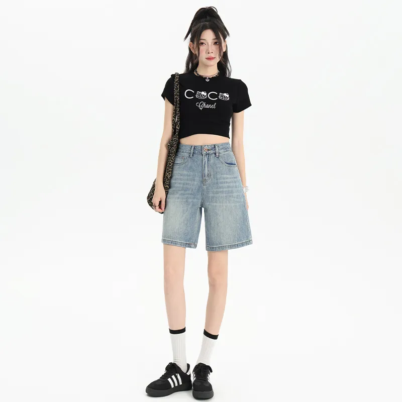 Wen Shan Denim Shorts Women's Light Blue Knee Length Pants-3