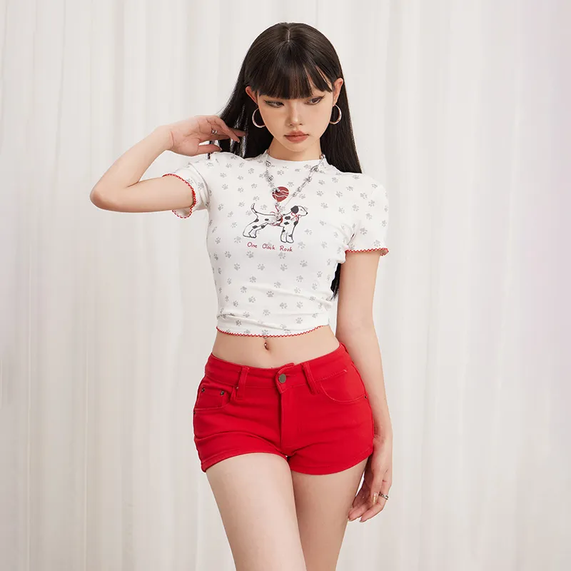 Wen Shan Denim Shorts Women's Red-4