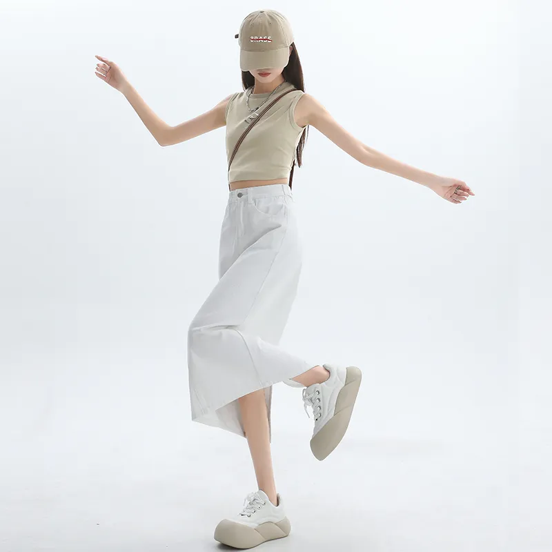 Wen Shan Denim Long Skirt Women's White-4