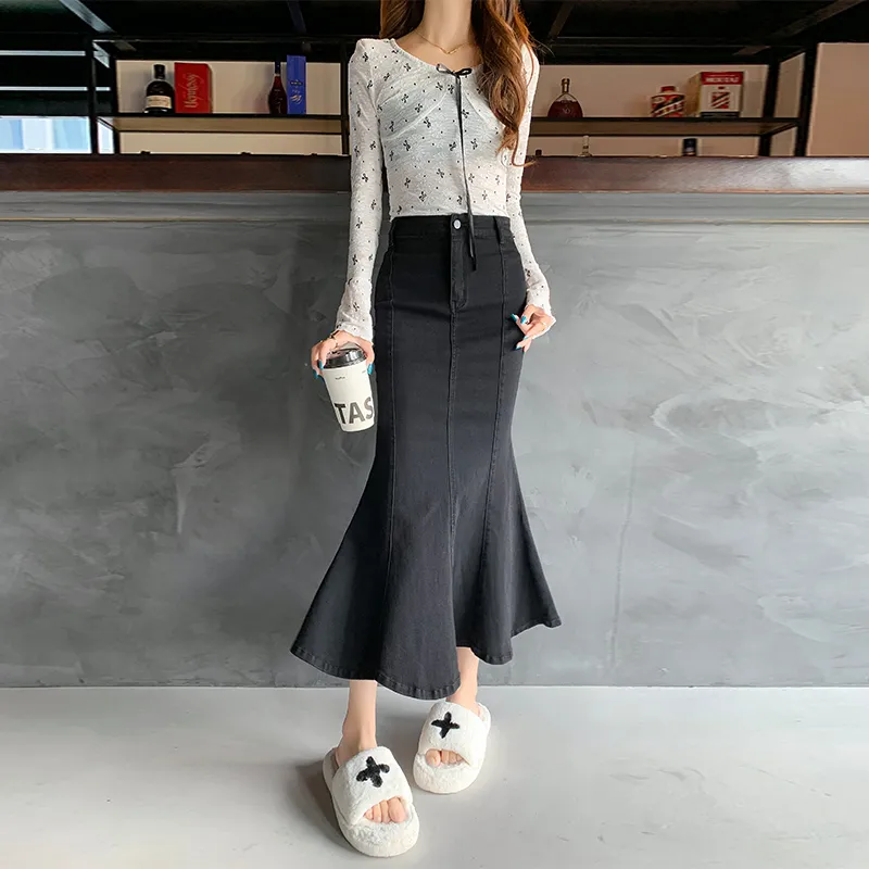 Wen Shan Denim Long Skirt Women's Black-2