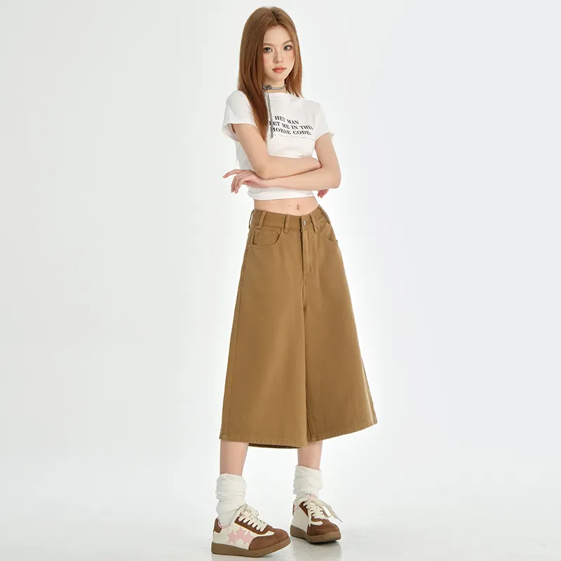 Wen Shan Denim Shorts Women's Khaki Capri Pants-3
