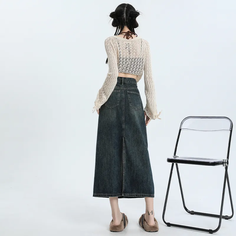 Wen Shan Denim Long Skirt Women's Vintage Blue-2