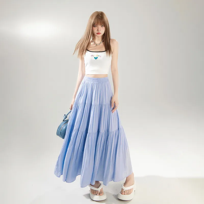 Wen Shan Casual Long Skirt Women's Light Blue-1