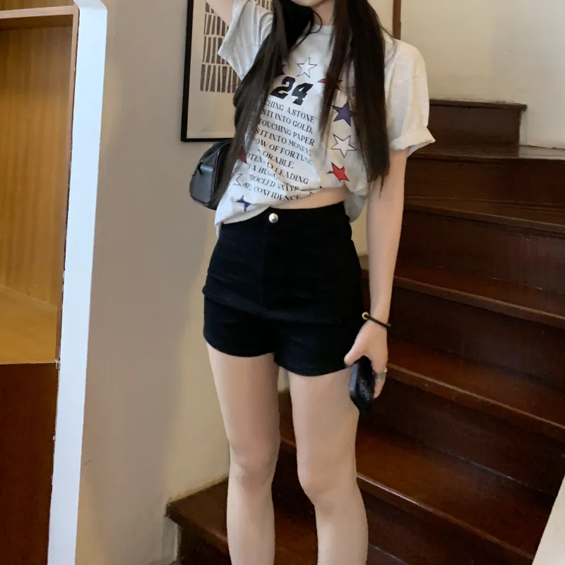 Wen Shan Denim Shorts Women's Black High Elasticity Version-4