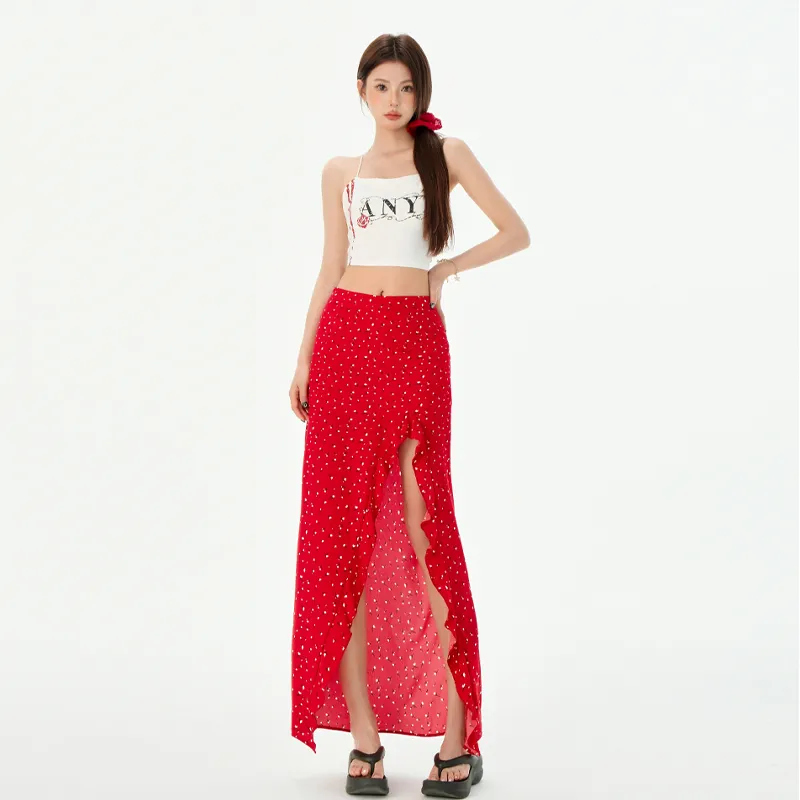 Wen Shan Casual Long Skirt Women's Red-2