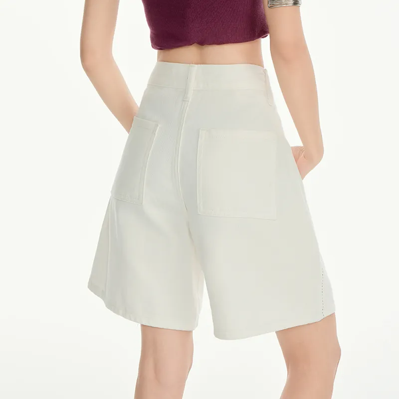 Wen Shan Denim Shorts Women's Apricot Knee Length Pants-6