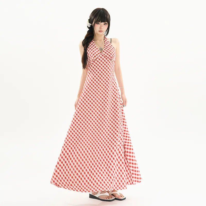 Wen Shan Slip Dress Women's Red Plaid-5