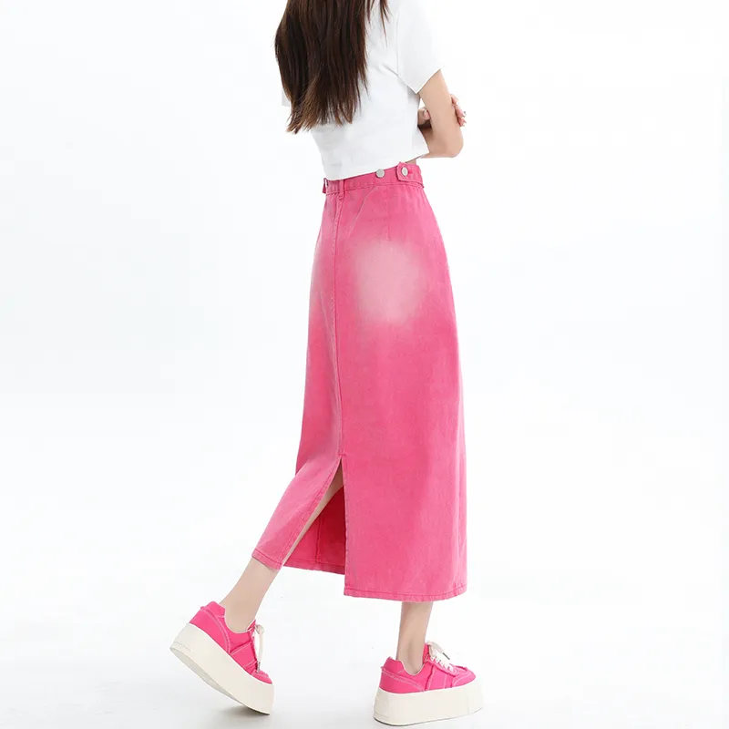 Wen Shan Denim Long Skirt Women's Rose Red-5