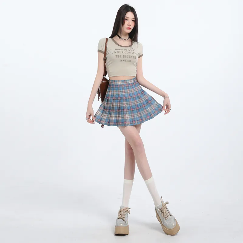 Wen Shan Casual Short Skirts Women's Blue Gray Plaid-2