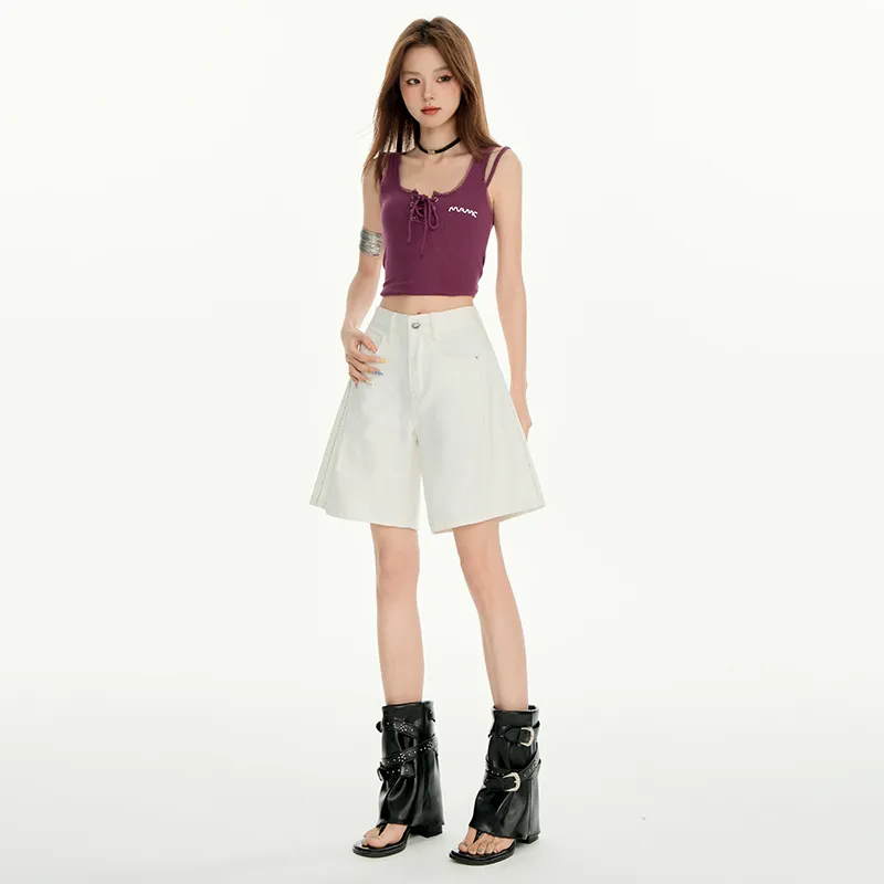 Wen Shan Denim Shorts Women's Apricot Knee Length Pants-5