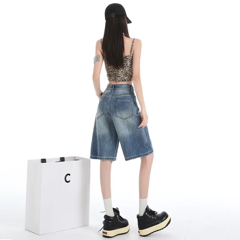 Wen Shan Denim Shorts Women's Vintage Blue Knee Length Pants-6