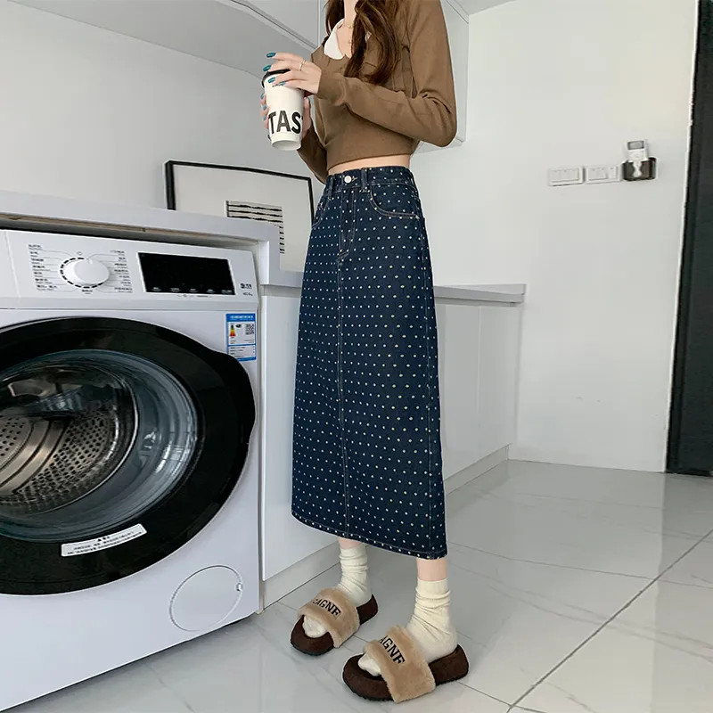 Wen Shan Denim Long Skirt Women's Nostalgic Blue-4
