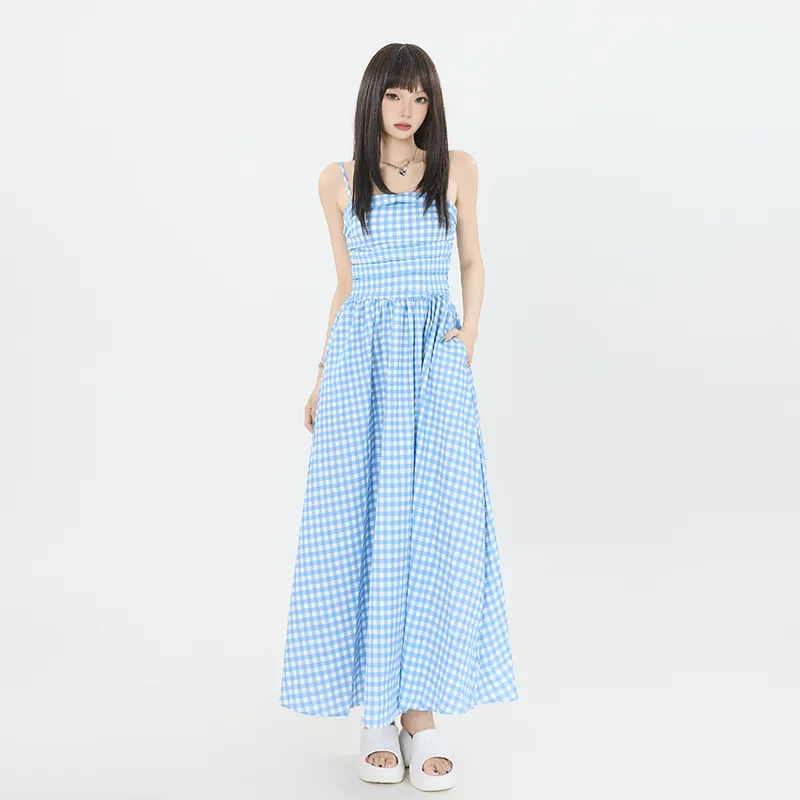 Wen Shan Slip Dress Women's Blue White Plaid-5