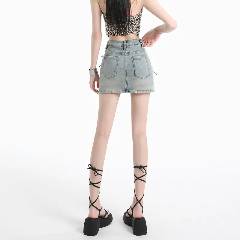 Wen Shan Denim Short Skirts Women's Washed Blue-4