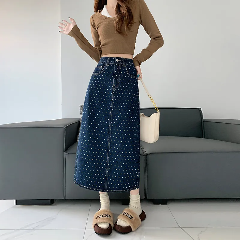 Wen Shan Denim Long Skirt Women's Nostalgic Blue-3
