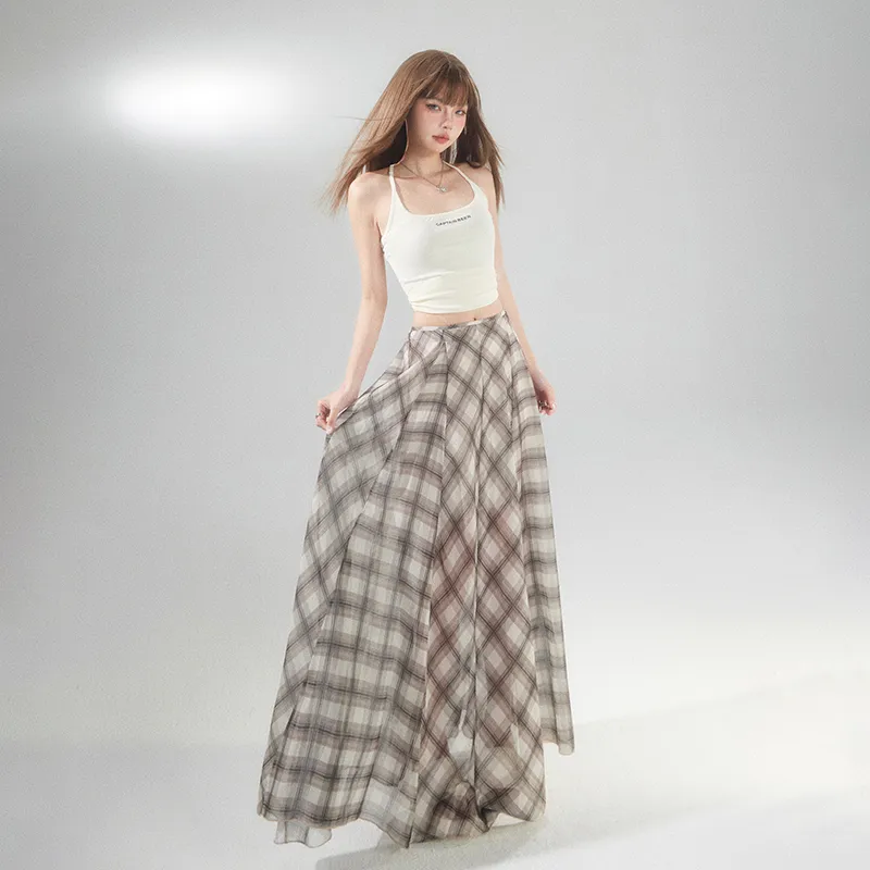 Wen Shan Casual Long Skirt Women's Brown Plaid-3