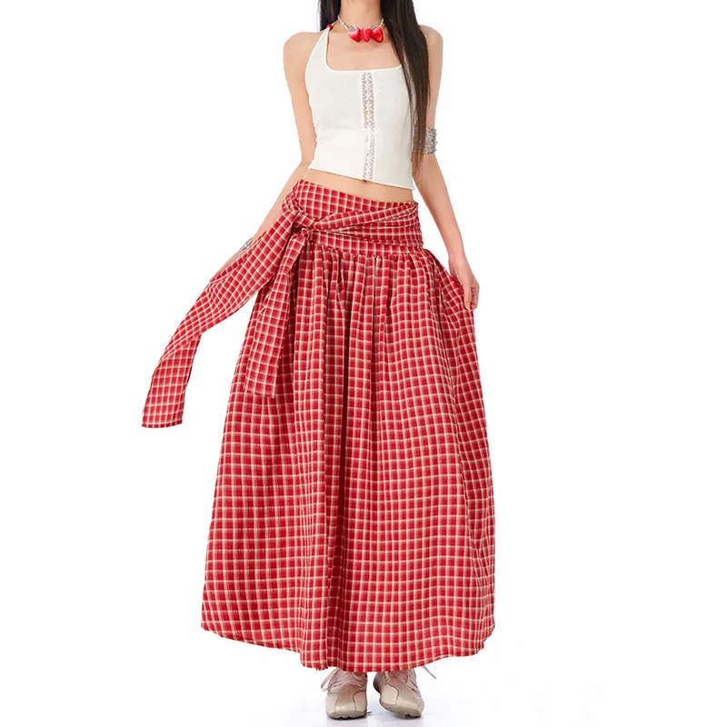 Wen Shan Casual Long Skirt Women's Red Plaid Color-4
