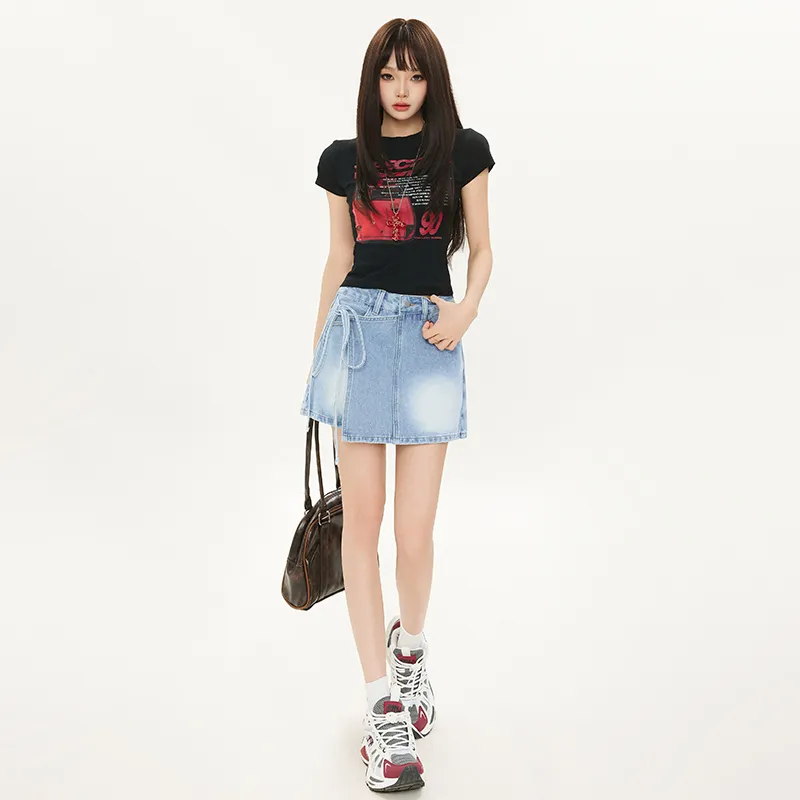 Wen Shan Denim Short Skirts Women's Light Blue-3
