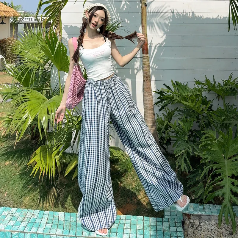 Wen Shan Casual Pants Women's Blue Plaid-3