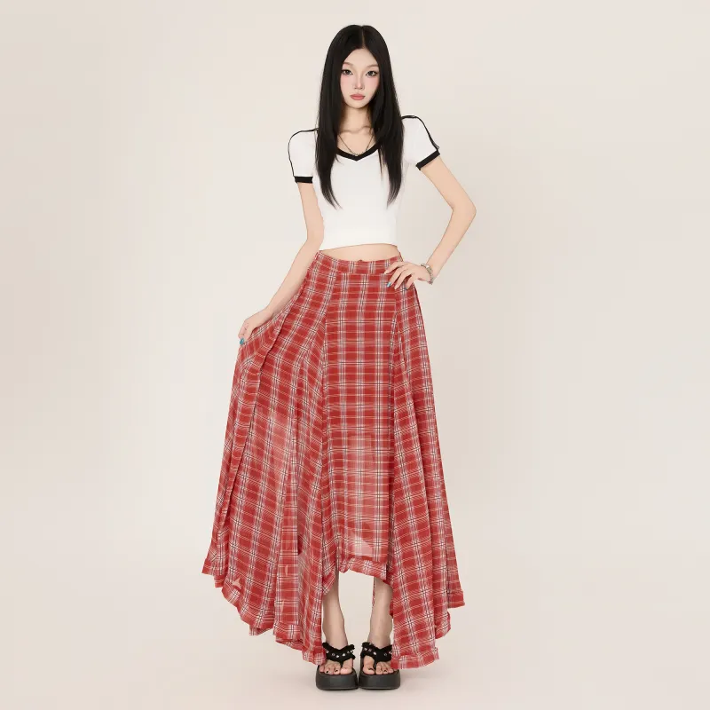 Wen Shan Casual Long Skirt Women's Red Plaid-5