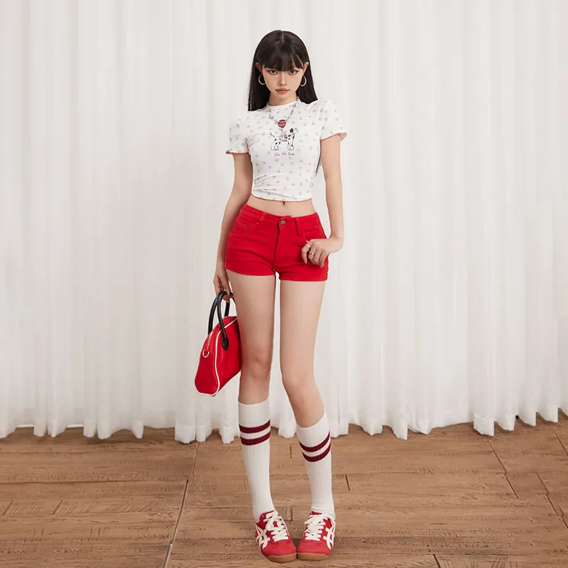 Wen Shan Denim Shorts Women's Red-2