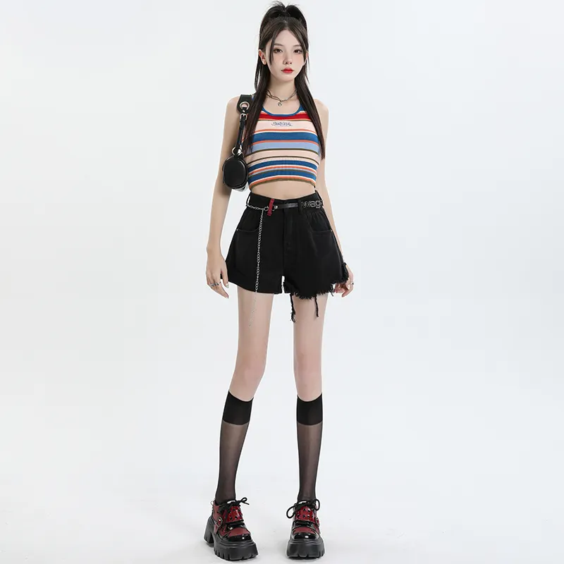 Wen Shan Denim Shorts Women's Black With Belt-1