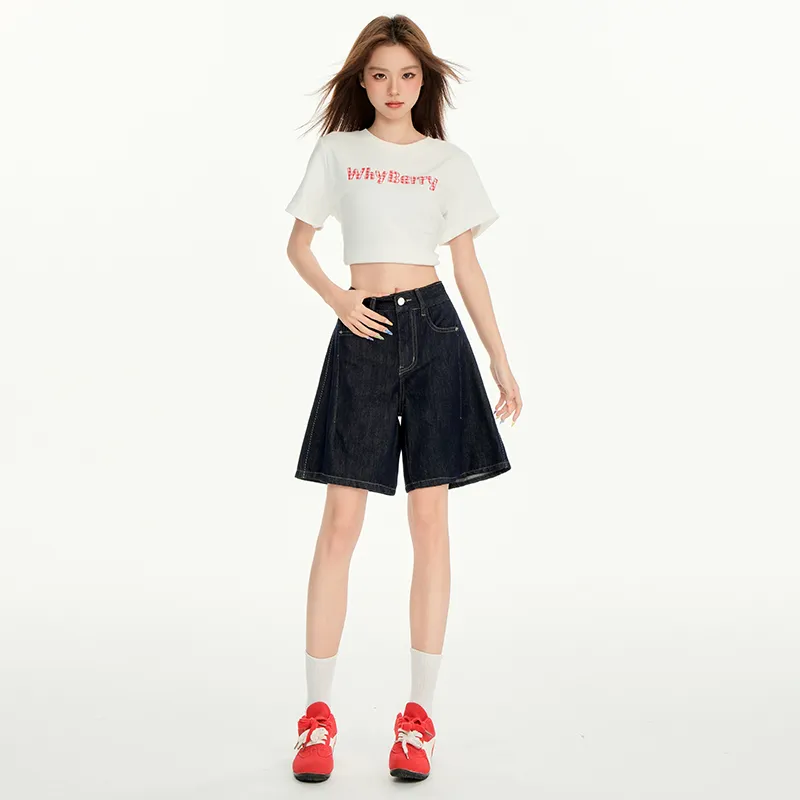 Wen Shan Denim Shorts Women's Denim Blue Knee Length Pants-5