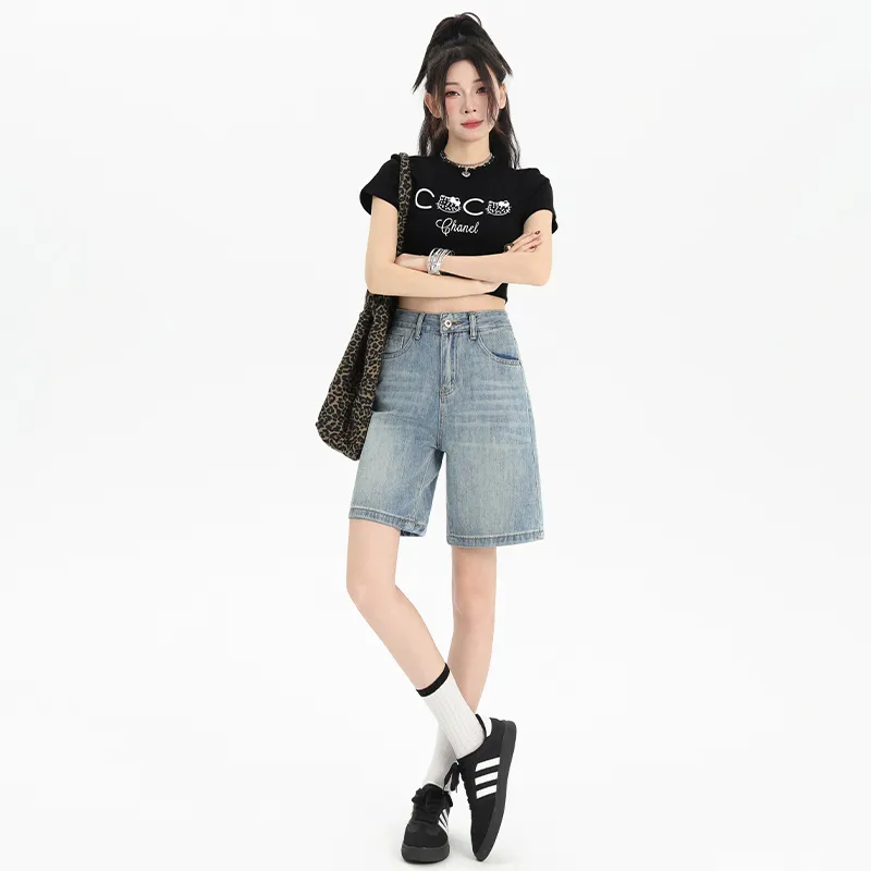 Wen Shan Denim Shorts Women's Light Blue Knee Length Pants-4