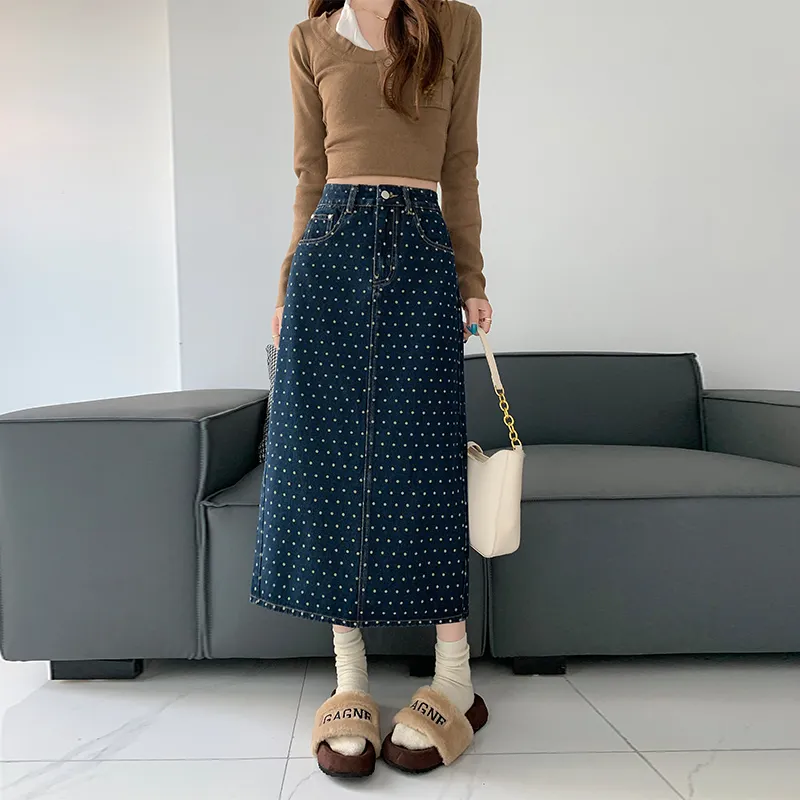 Wen Shan Denim Long Skirt Women's Nostalgic Blue-2